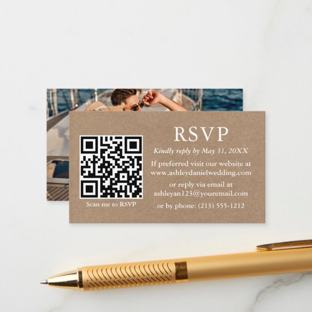 Minimalist Simple Photo Wedding QR Kraft RSVP Enclosure Card (Front/Back In Situ)