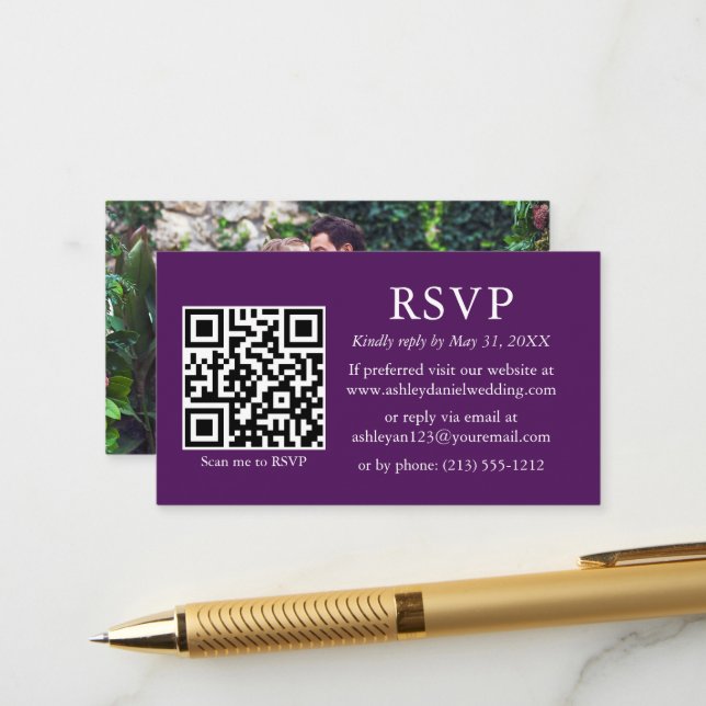 Minimalist Simple Photo Wedding QR Purple RSVP Enclosure Card (Front/Back In Situ)