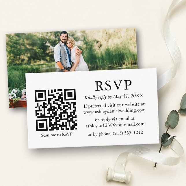 Minimalist Simple Photo Wedding QR RSVP Enclosure Card (Customize to change text size or text style.)