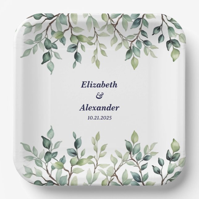 Minimalist Simple Pretty leaves branches wedding Paper Plate (Front)