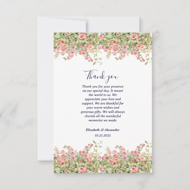 Minimalist Simple Pretty rose vine floral wedding Thank You Card (Front)