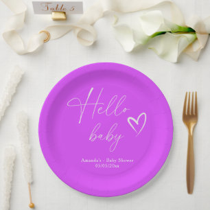Minimalist Simple Purple Hello Baby Paper Plate