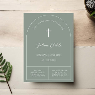Minimalist simple sage green arch baptism invitation