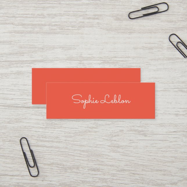 Minimalist Simple Script Name Orange-Red Mini Business Card (Front/Back In Situ)