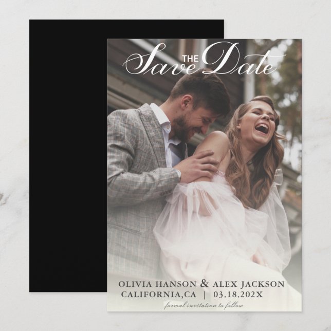 Minimalist Simple Script Photo Black Wedding  Save The Date (Front/Back)