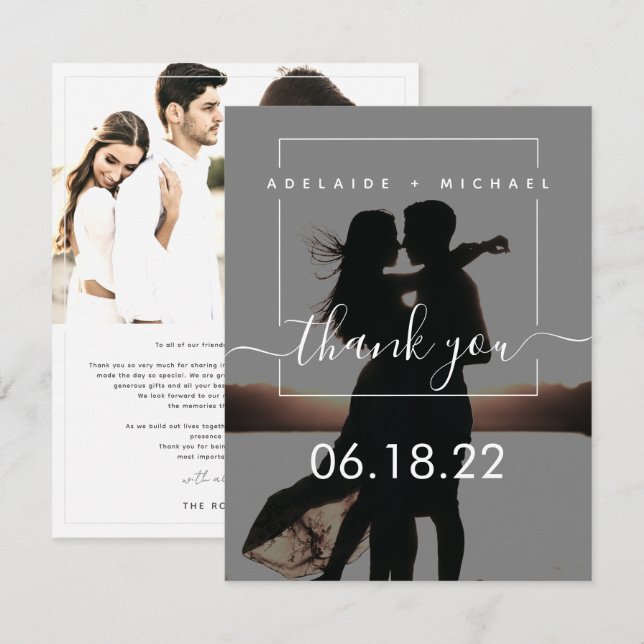 Minimalist Simple Script Wedding 3 Photo Collage Thank You Card (Front/Back)