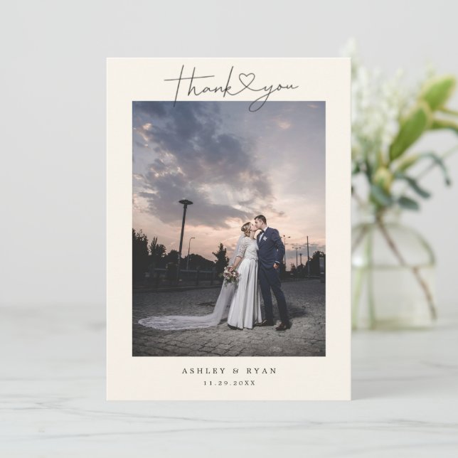 Minimalist Simple Script with Heart Wedding Photo Thank You Card (Standing Front)