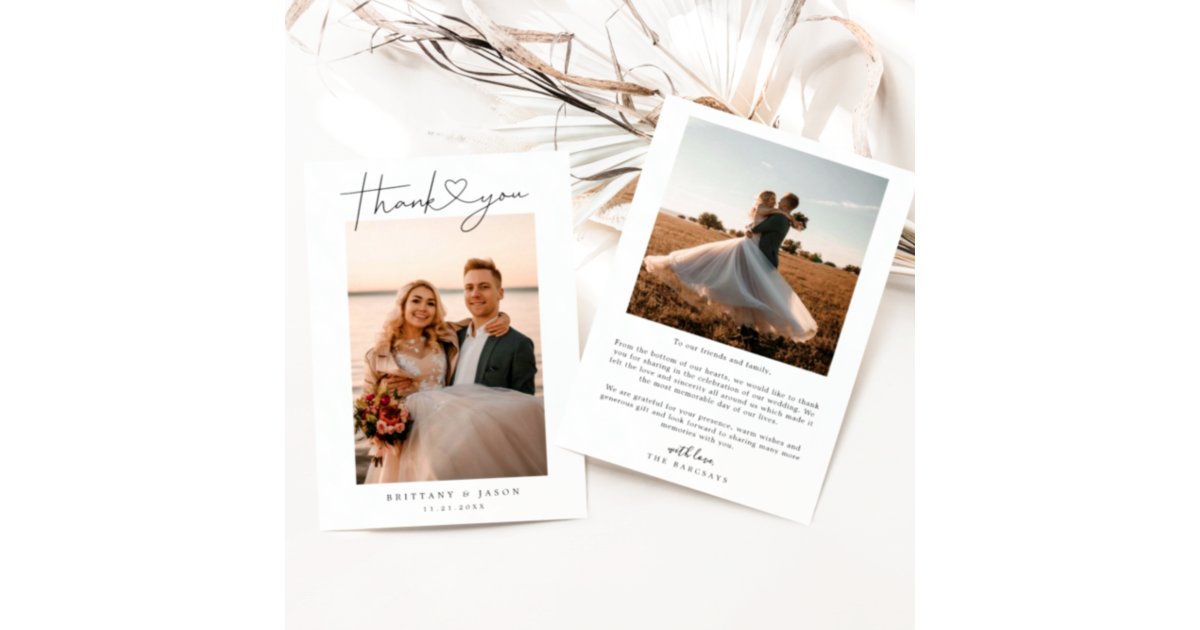 Minimalist Simple Script with Heart Wedding Photo Thank You Card | Zazzle