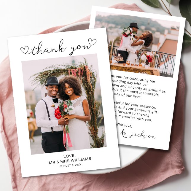 Minimalist Simple Script with Heart Wedding Photo  Thank You Card (DOUBLE SIDE PHOTO WEDDING THANK YOU CARD)