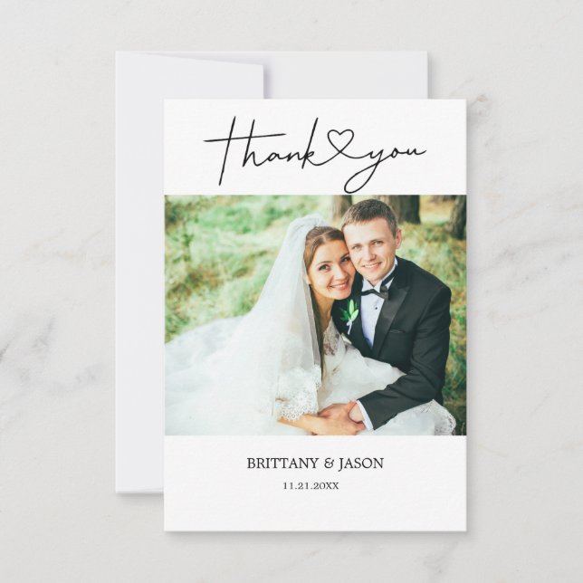 Minimalist Simple Script with Heart Wedding Photo  Thank You Card (Front)