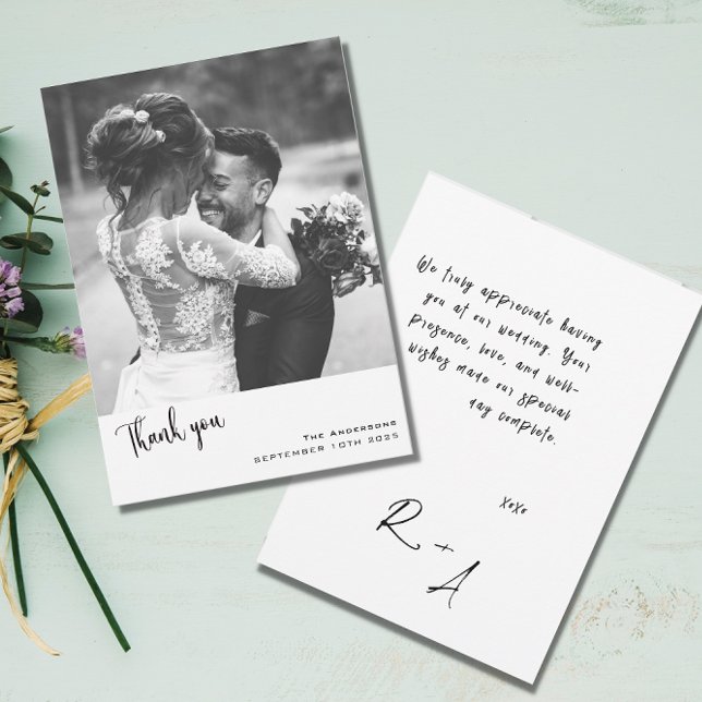 Minimalist Simple Script with Wedding Photo  Thank You Card (Creator Uploaded)