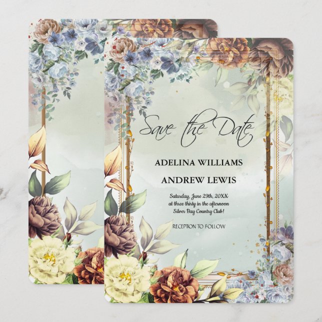 Minimalist Simple Silver Flowers Rose,Gold Frame  Invitation (Front/Back)