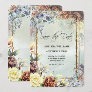 Minimalist Simple Silver Flowers Rose,Gold Frame Invitation