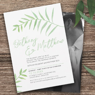 Minimalist simple watercolor leaves green white invitation