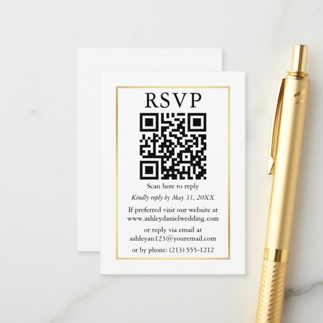Minimalist Simple Wedding QR Gold Frame RSVP Enclosure Card (Front/Back In Situ)
