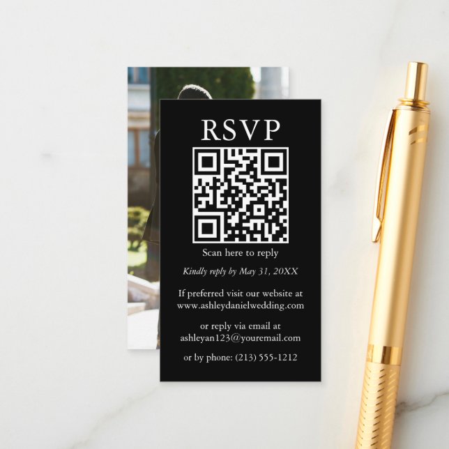Minimalist Simple Wedding QR Photo Black RSVP Enclosure Card (Front/Back In Situ)