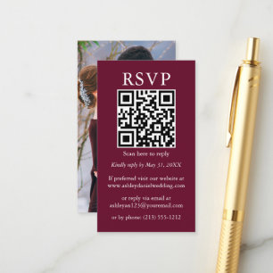 Minimalist Simple Wedding QR Photo Burgundy RSVP Enclosure Card