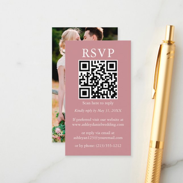 Minimalist Simple Wedding QR Photo Dusty Rose RSVP Enclosure Card (Front/Back In Situ)