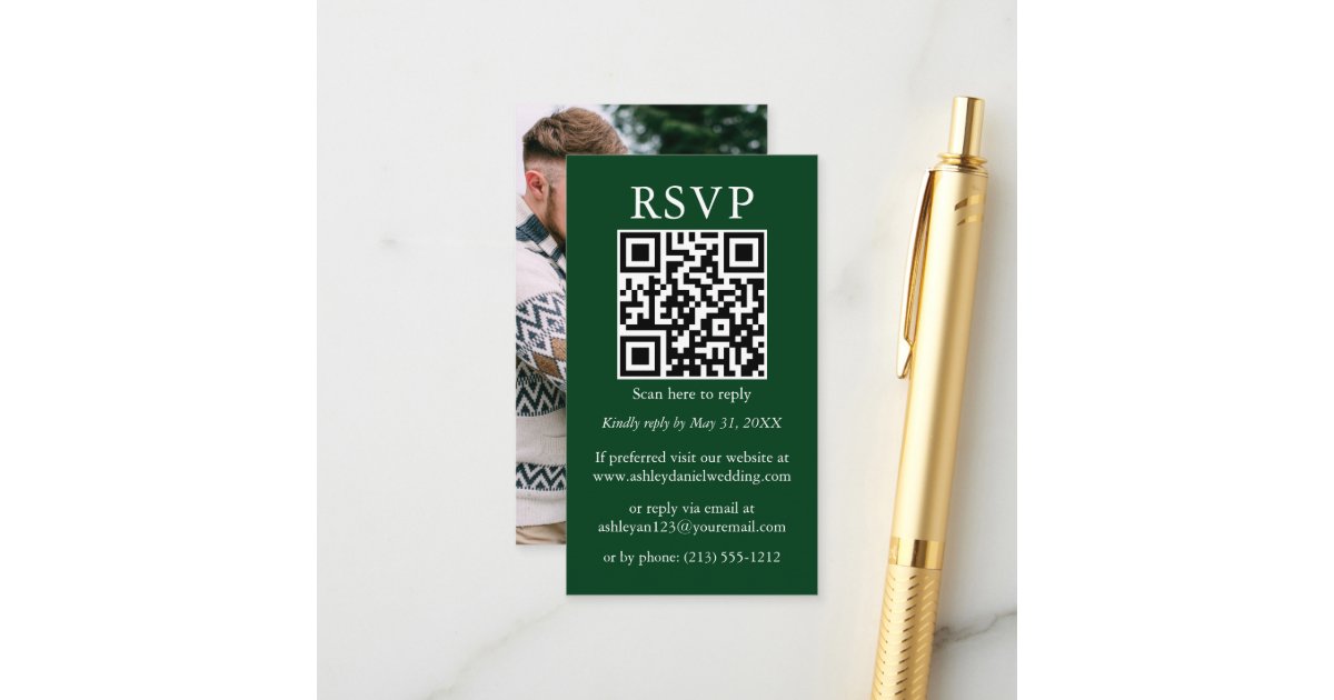 Minimalist Simple Wedding QR Photo Green RSVP Enclosure Card Zazzle