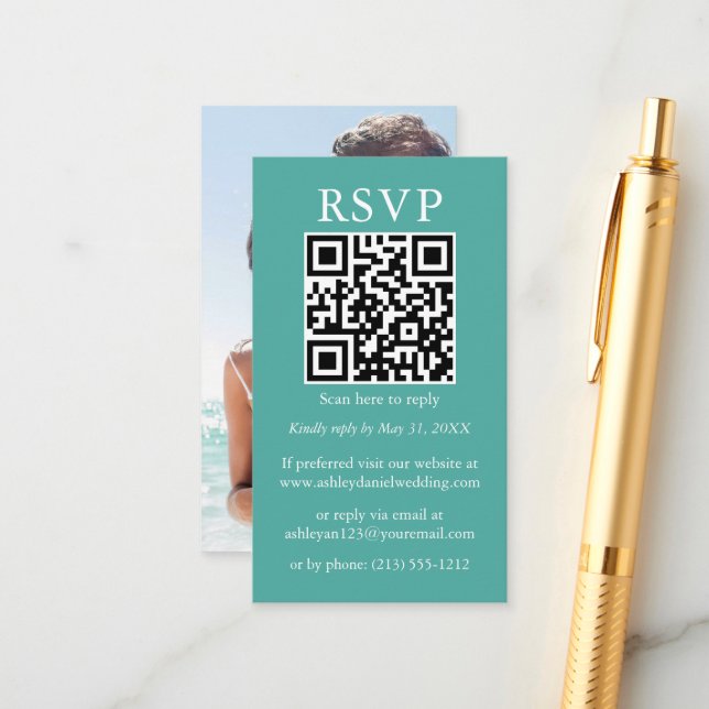 Minimalist Simple Wedding QR Photo Teal RSVP Enclosure Card (Front/Back In Situ)