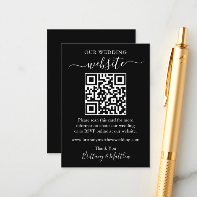 Minimalist Simple Wedding Website Black QR Enclosure Card (Front/Back In Situ)