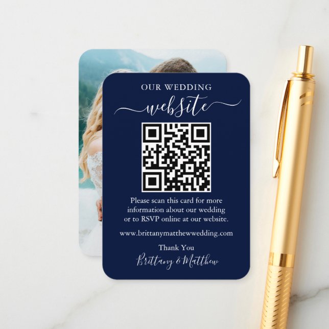 Minimalist Simple Wedding Website Photo QR Blue Enclosure Card (Front/Back In Situ)