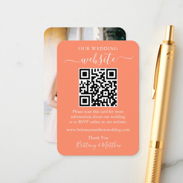 Minimalist Simple Wedding Website Photo QR Coral Enclosure Card (Front/Back In Situ)