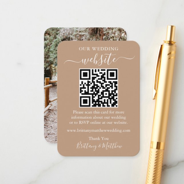 Minimalist Simple Wedding Website Photo QR Taupe Enclosure Card (Front/Back In Situ)