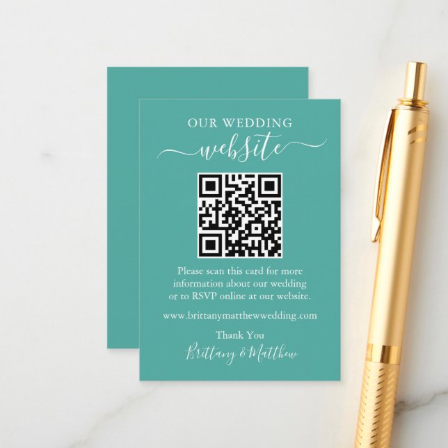 Minimalist Simple Wedding Website QR Teal Enclosure Card (Front/Back In Situ)