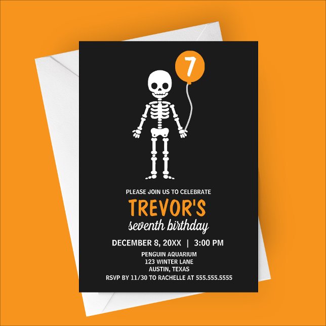 Minimalist Skeleton Balloon Birthday Invitation (Orange Minimalist Skeleton Halloween Birthday Party Invitation)