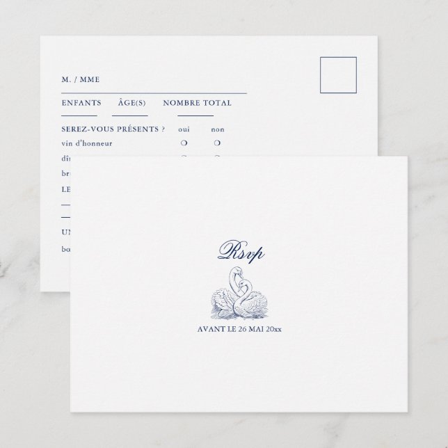 Minimalist Sketched Love Swans Wedding RSVP  Postcard (Front/Back)