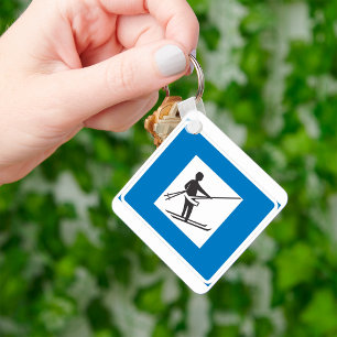 Minimalist Ski Lift Symbol With Blue Border Keychain