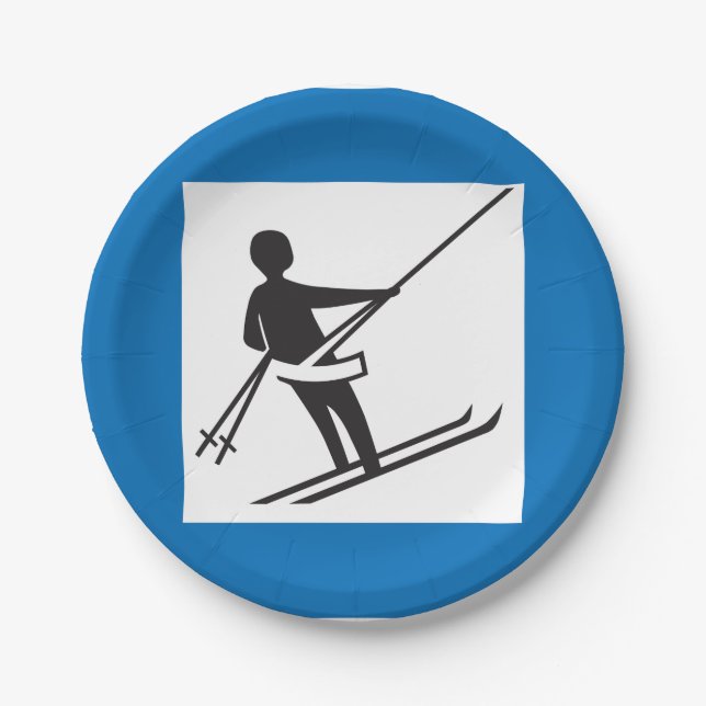 Minimalist Ski Lift Symbol With Blue Border Paper Plate (Front)