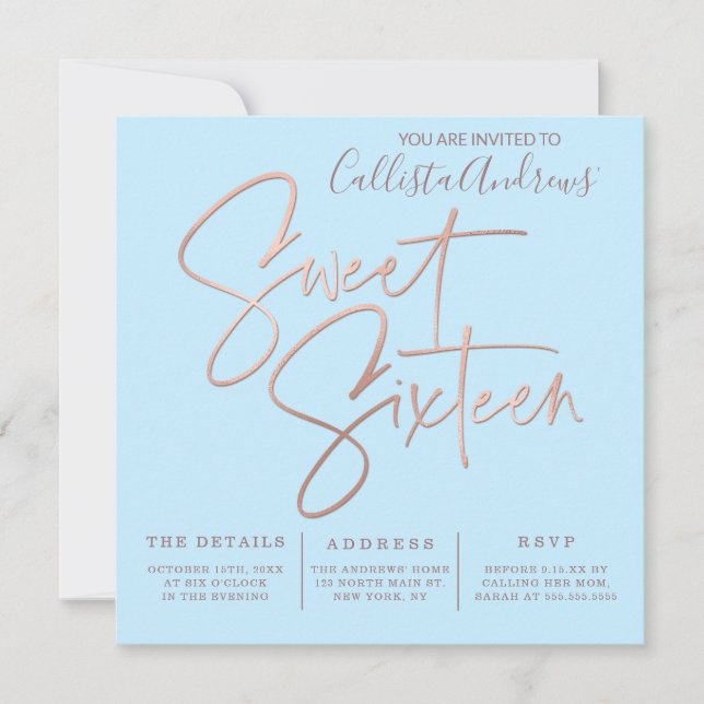 Minimalist Sky Blue Rose Gold Typography Sweet 16 Invitation (Front)