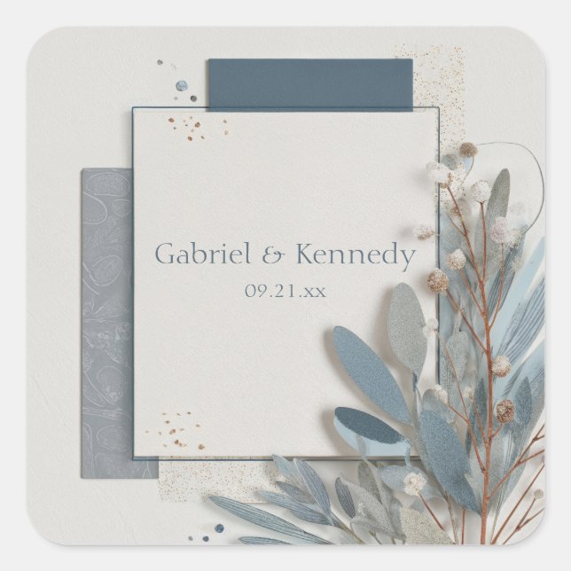 Minimalist Slate Blue Felt Leaf Geometric Wedding Square Sticker (Front)