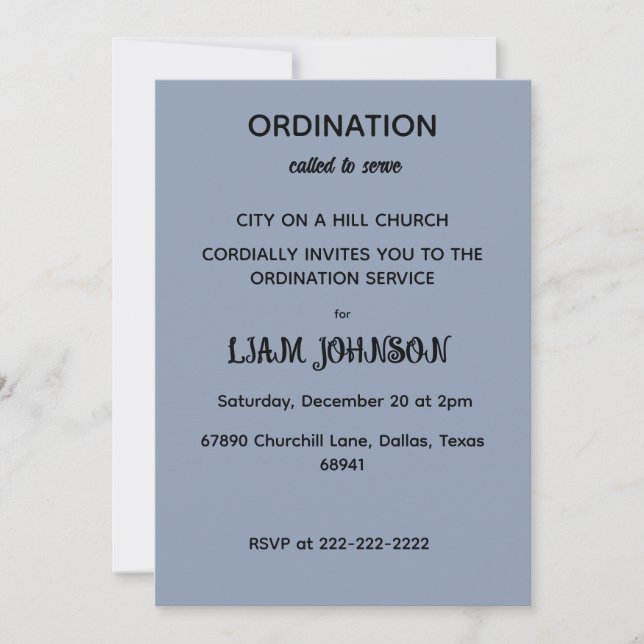 Minimalist Slate Blue Ordination Invitation (Devant)