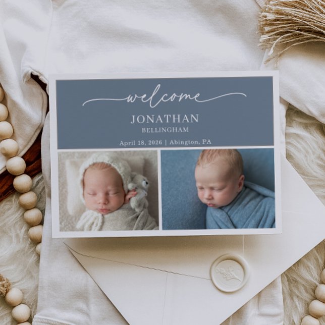 Minimalist Slate Blue Photo Baby Announcement Card (Creator Uploaded)
