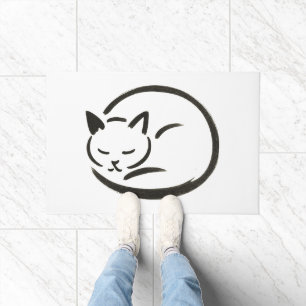 Minimalist Sleeping Cat – Ink Brush Design on Doormat