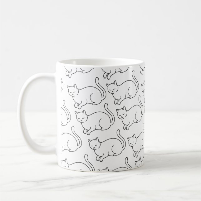 Minimalist Sleepy Cat Pattern Mug | Hand-Drawn Cer (Left)