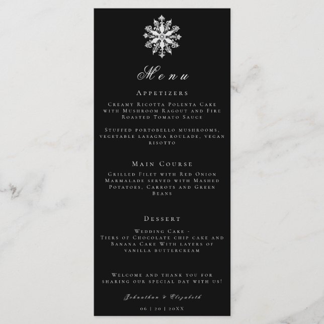 Minimalist Snowflake | Black Wedding Menu (Front)