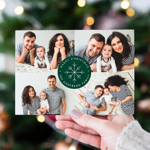 Minimalist Snowflake Green 4 Photo Collage Holiday Card