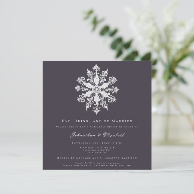 Minimalist Snowflake Rehearsal Dinner Plum Purple Invitation (Standing Front)