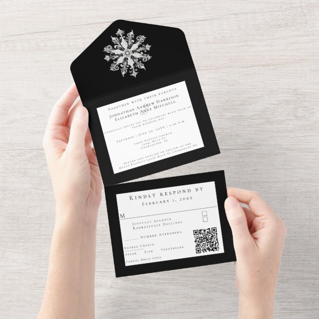 Minimalist Snowflake Wedding | Black All In One Invitation (Tearaway)