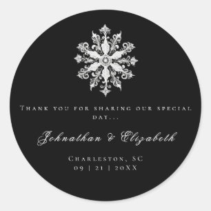 Minimalist Snowflake Wedding   Black Favour Classic Round Sticker