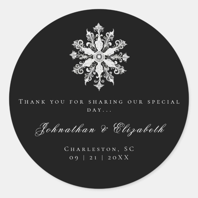 Minimalist Snowflake Wedding | Black Favour Classic Round Sticker (Front)