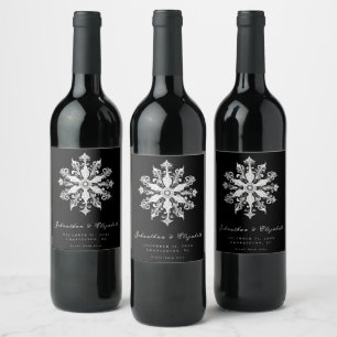 Minimalist Snowflake Wedding Black Wine Label