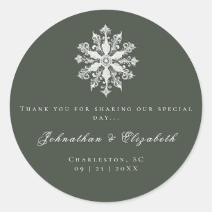 Minimalist Snowflake Wedding Green Favour Classic Round Sticker