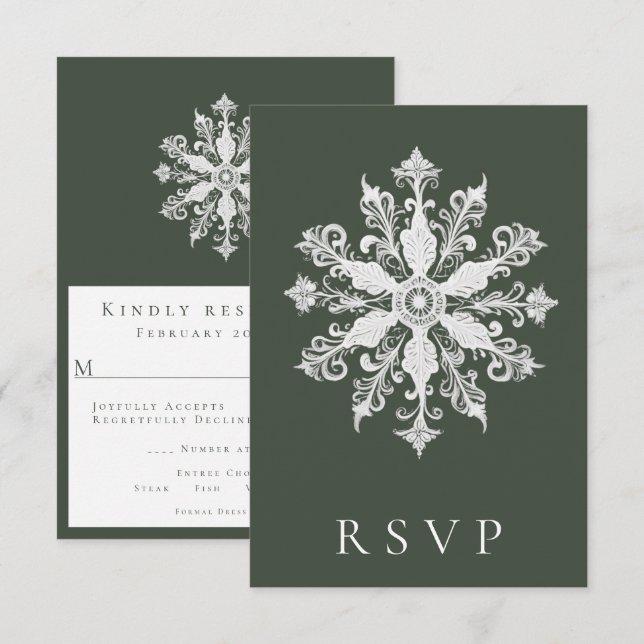 Minimalist Snowflake Wedding | Green RSVP Card (Front/Back)