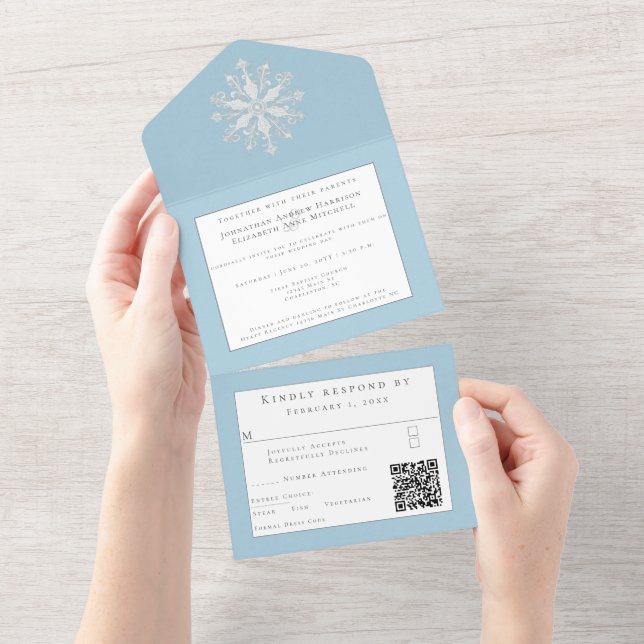 Minimalist Snowflake Wedding | Ice Blue All In One Invitation (Tearaway)