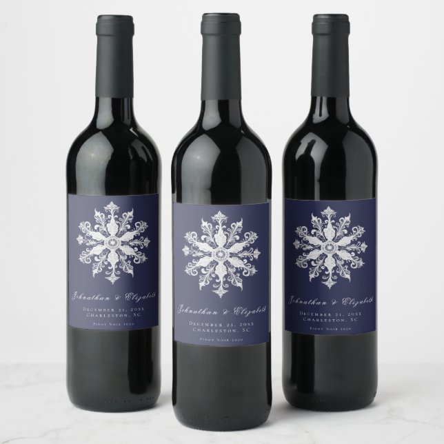 Minimalist Snowflake Wedding | Navy Blue Wine Label (Bottles)